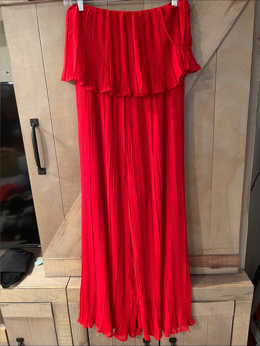 Shinestar Red Off-Shoulder Pleated Wide-Leg Jumpsuit
